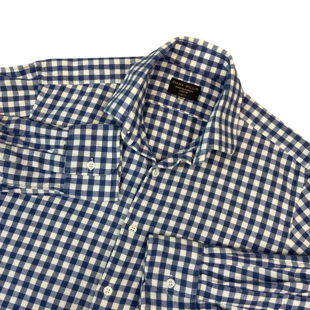 Emma Willis Button Up Shirt Mens 15.5 Blue Gingham Slim Fit Jermyn St London